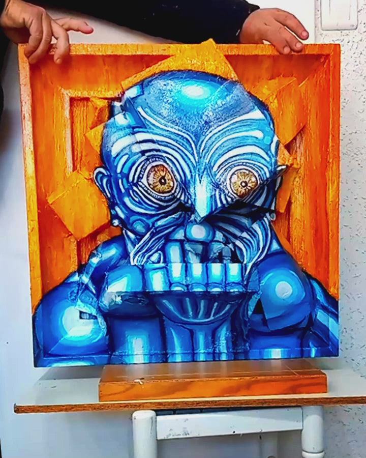 3D Portrait of a Lonely Blue Man. Acrylic on Woodboard and Recycled Cardboard Boxes. (Mental Health Issues Art) [Recycled Art]. Video