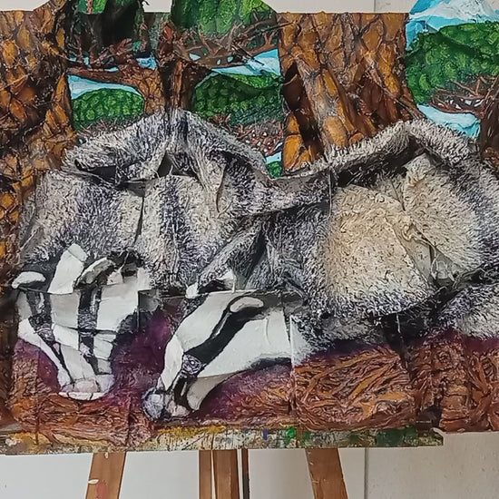 3D Portrait of 2 Badgers Drinking. Acrylic on Recycled Cardboard Boxes. (Wildlife Painting) [Recylcled Art]. Video