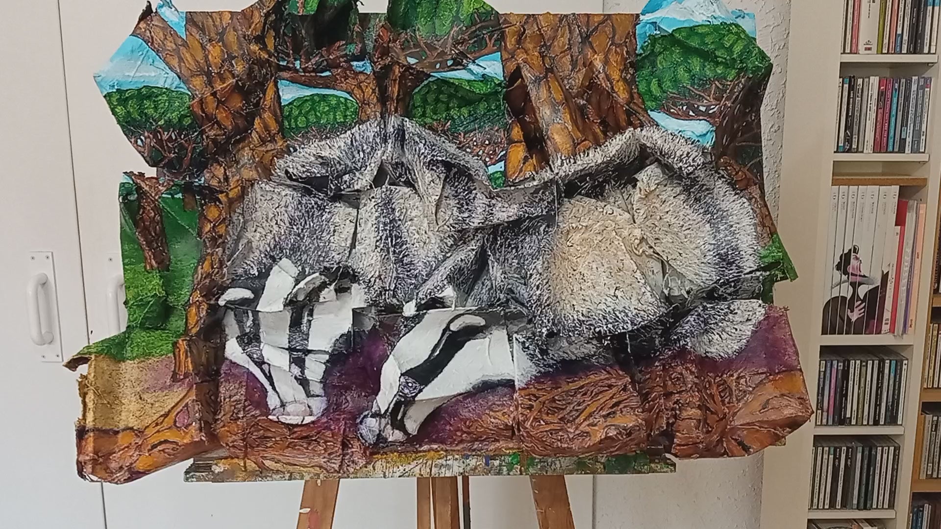 3D Portrait of 2 Badgers Drinking. Acrylic on Recycled Cardboard Boxes. (Wildlife Painting) [Recylcled Art]. Video