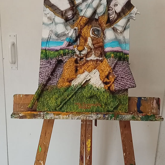 [The Hare Prevails], 3D portrait of a Hare in nature. Acrylic on woodboard and toy guns and pistols (Recycled Art). Video