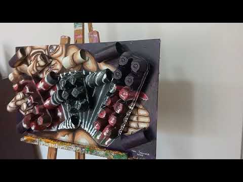 3D art portrait of naked accordionist. Acrylic painting Recycled Materials."Music painting" [Recycled Art]. Ivan Fyodorovich. Youtube video