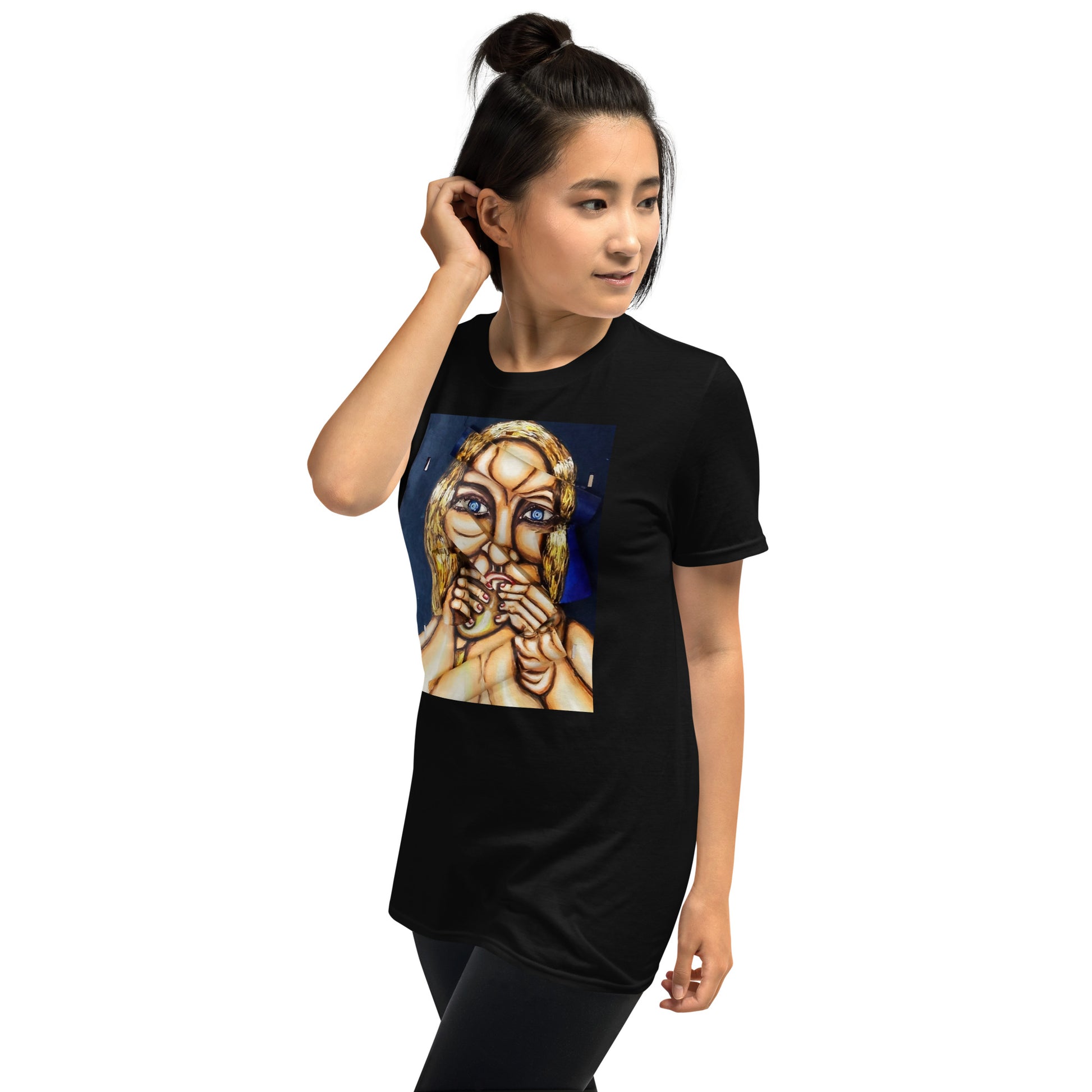 Woman Playing Ocarina Short-Sleeve Unisex T-Shirt. Medium Left Lateral View